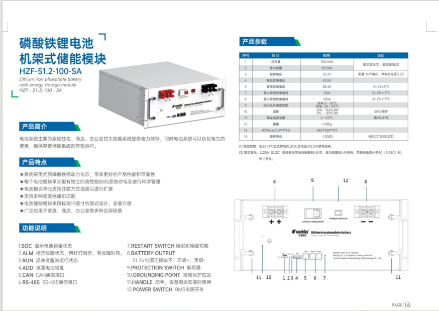 磷酸铁锂电池机架式储能模块 HZF-51.2-100-SA